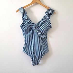 Striped Ruffle Trim One Piece Swimsuit (Dark Green) sz L